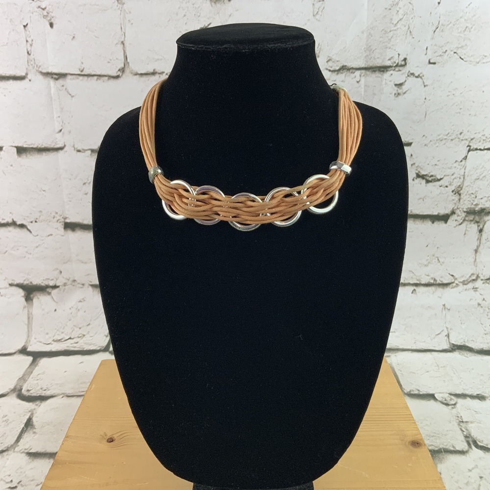 Chicos Threaded Cord Choker Necklace Silver Toned Rings‎ Boho Hippie Beige